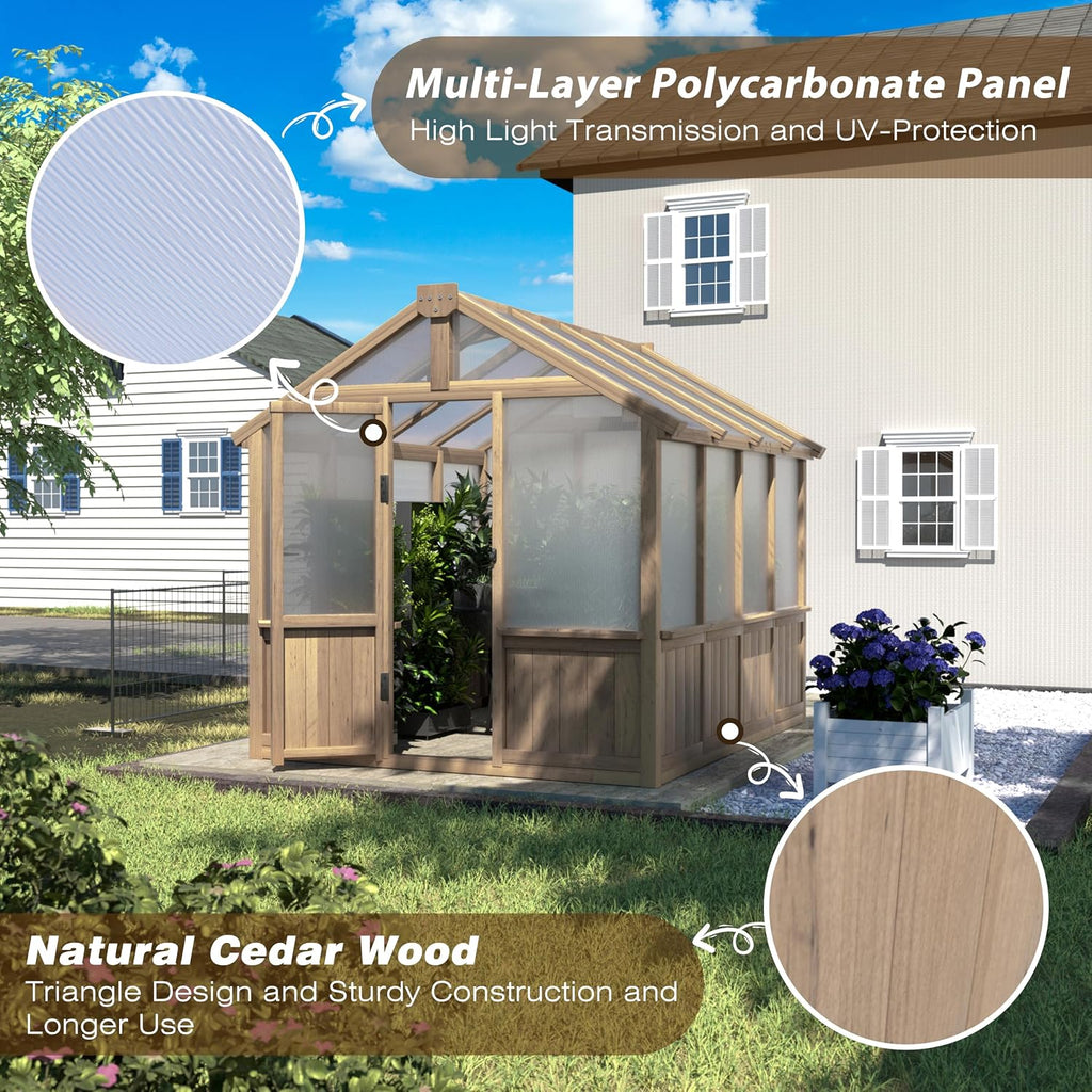 6 x 8 FT Wooden Polycarbonate Greenhouse with Ventilated Window and Lockable Door, 6mm PC Panels for UV Protection