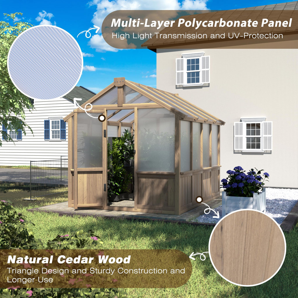 6x8 FT Greenhouse Kit for Outdoor, 6MM Thick Polycarbonate Panel Wooden Walk-in Green House with Lockable Door and
