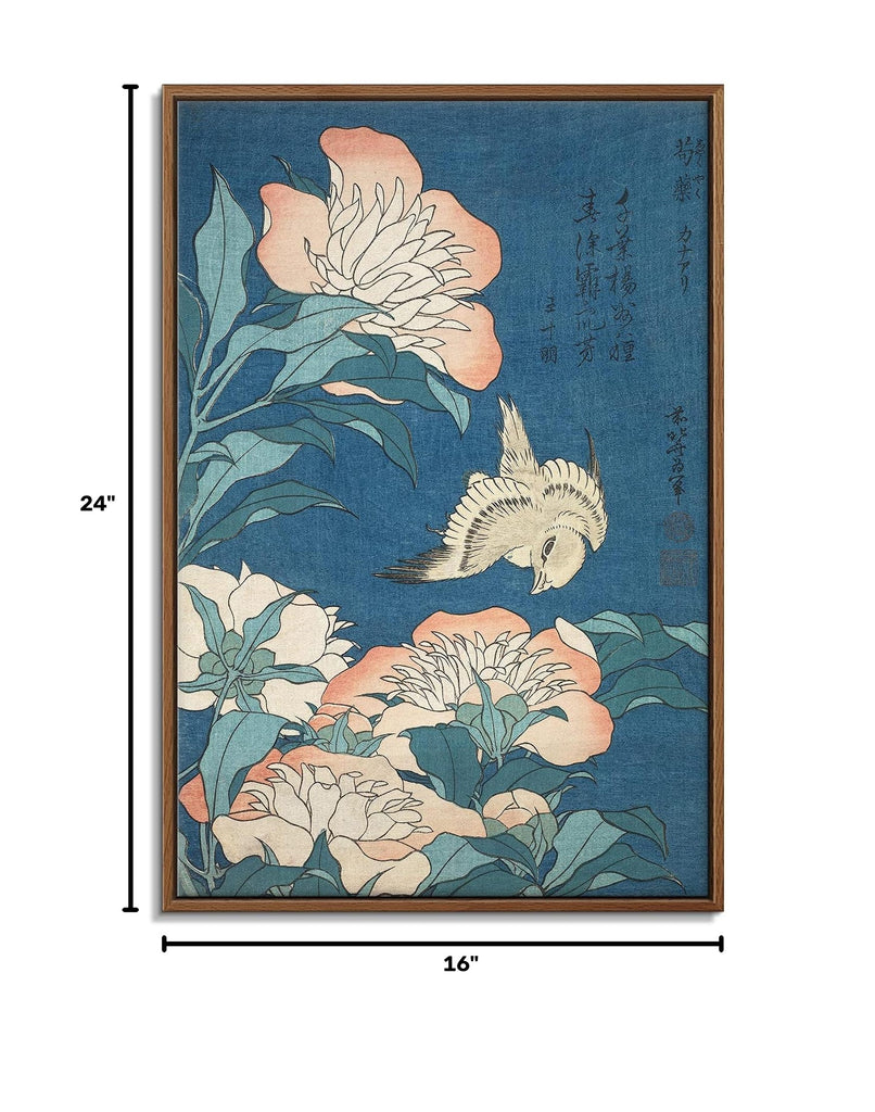 Floating Frame Canvas Print Wall Art - Japanese Woodblock Print Peonies and Canary by Katsushika Hokusai - 16x24