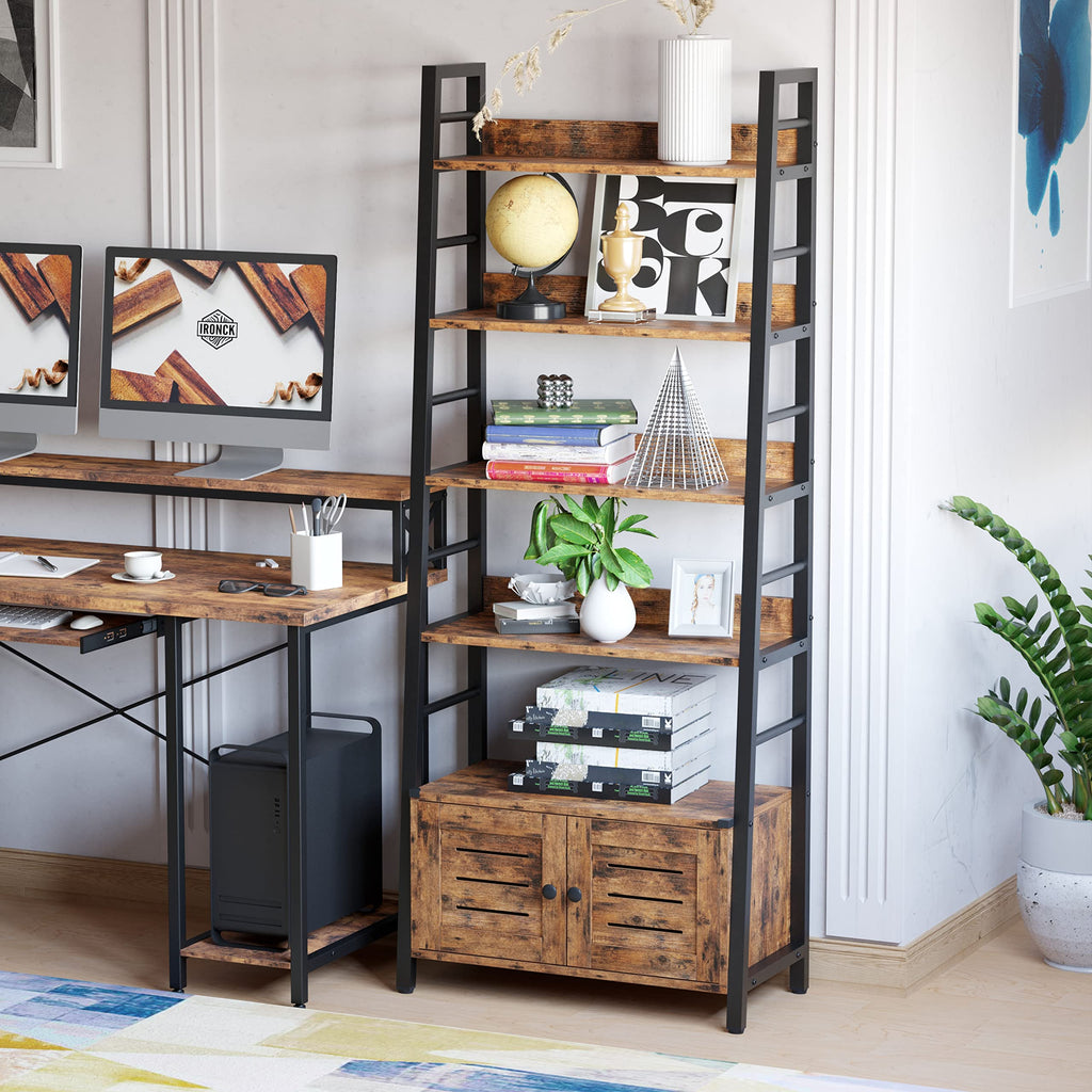 4 Tier Ladder Bookcase with Louvered Doors Rustic Brown