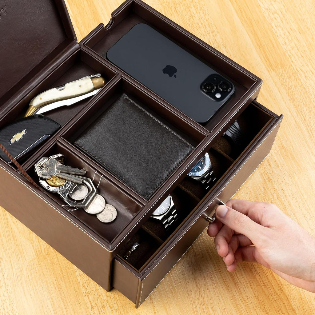 Mens Jewelry Box Organizer & Dresser Valet Tray - Premium Nightstand Station for Watches, Rings, and Accessories