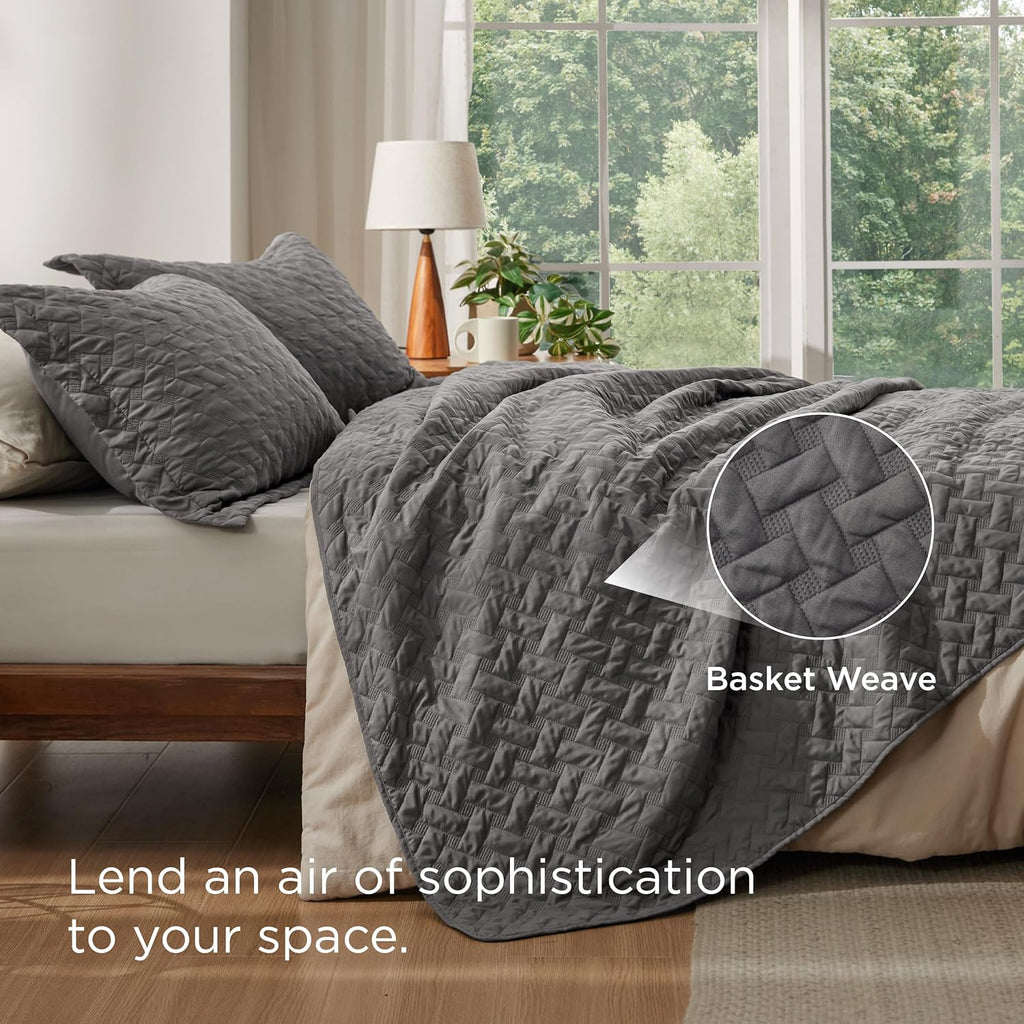 Quilts King - Grey Bedspreads King with Basket Weave Pattern, Soft Quilt Bedding Set, Lightweight Comforter Set