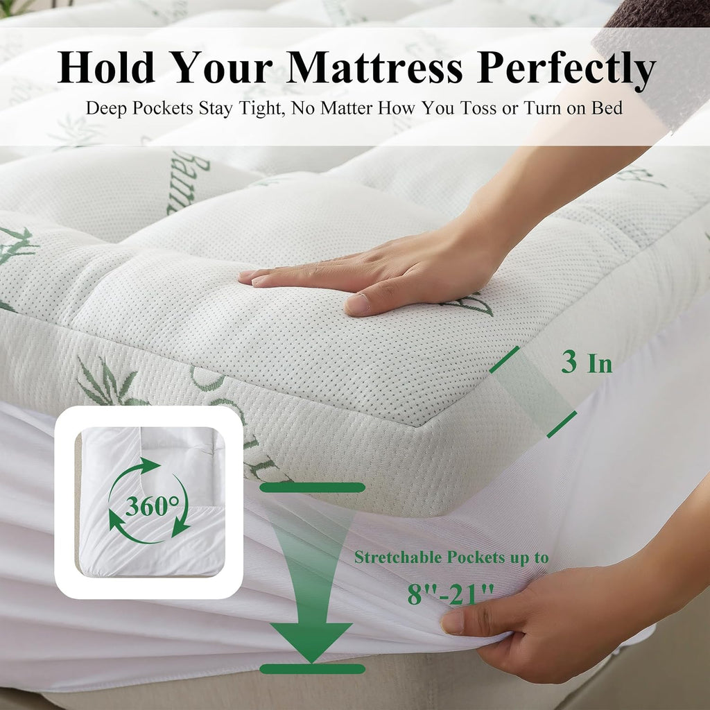 3 Inch Queen Size Memory Foam Mattress Topper for Back Pain Relief, Breathable Gel Memory Foam, Cooling Bamboo