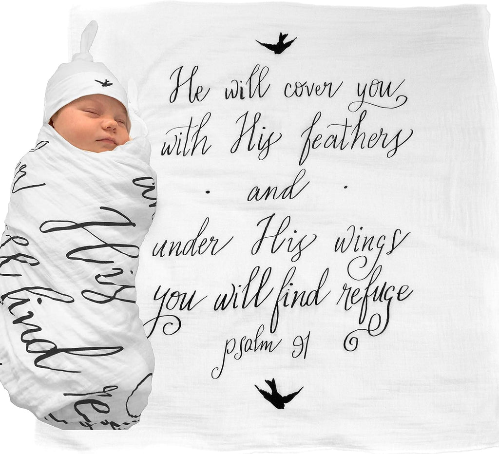 Muslin Swaddle & Bonus Baby Hat with Scripture Quote (Psalm 91) - 100% Organic Unbleached Cotton - Swaddle/Blanket is