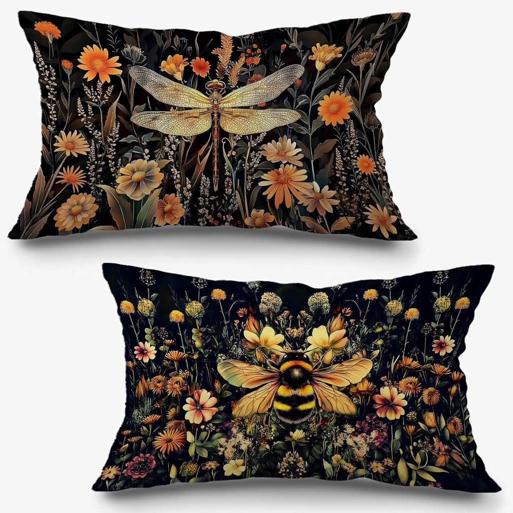 Moody Vintage Dragonfly Bee Floral Pillow Covers 12x20 Set of 2, Dark Cottagecore Botanical Wildflower Dragonfly