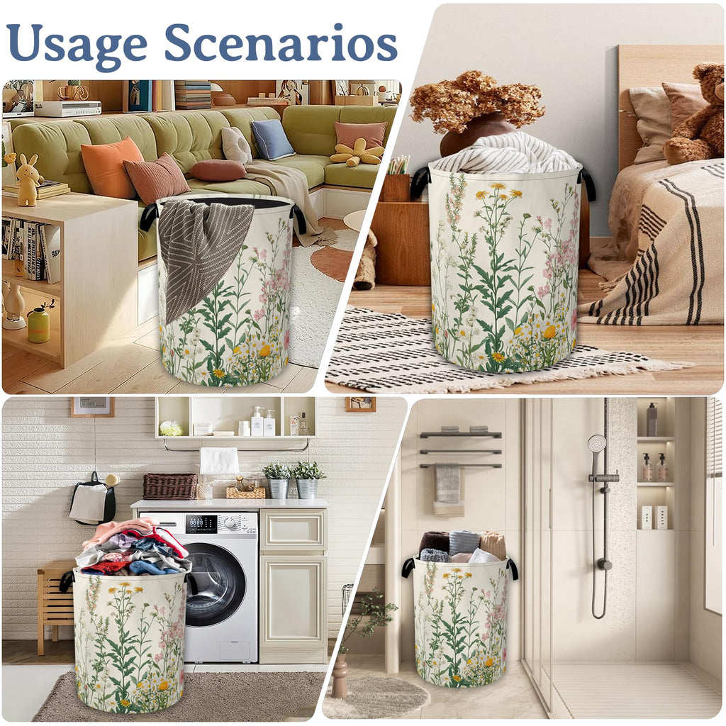 Wildflowers Laundry Hamper With Handle,Foldable Oxford Cloth Vintage Herb Flower Botanical Laundry Basket,20.8"x16"