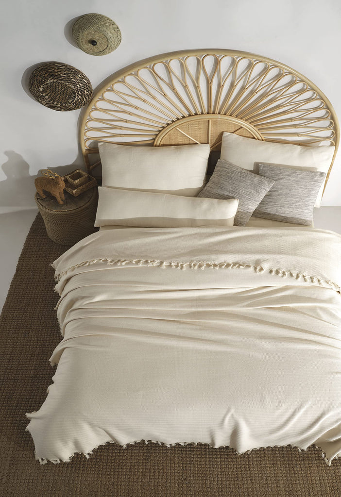 Handmade Undyed Natural Cotton Herringbone Large Throw Blanket with All-Around Fringes - Soft, Lightweight Sofa &