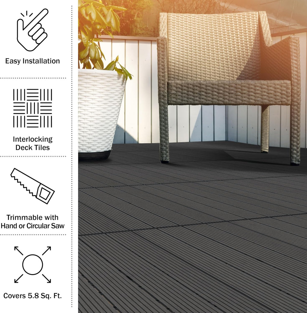 Interlocking Deck Tiles - 6-Pack 11.6-in Wood Plastic Composite All-Weather Outdoor Flooring Balcony Poolside or Patio
