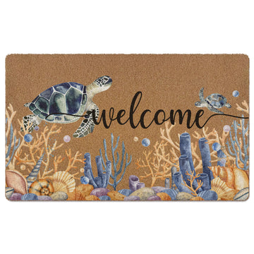 Beach Welcome Door Mat, Coastal Doormat, Sea Turtle Coral Welcome Front Door Mat Indoor Outdoor Entrance, Ocean