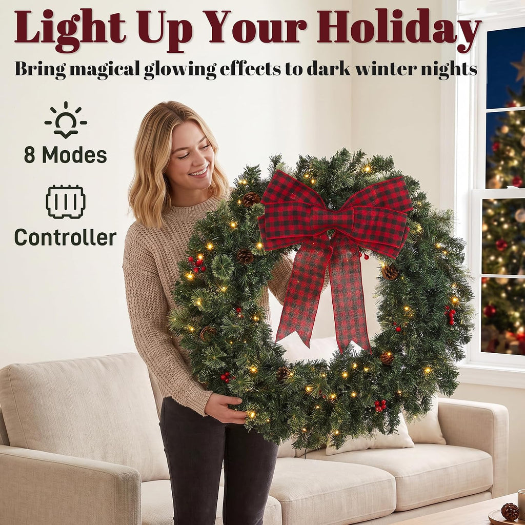 36 in Pre-Lit Crestwood Spruce Artificial Christmas Wreath, Green