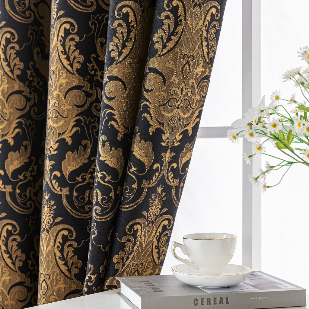 Luxury Black Damask Curtains, 2 Panels, 52"Wx108"L