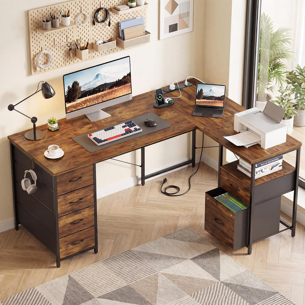 55 Inch L Shaped Office Desk with 6 Drawers & Type-C Port, Rustic Brown | File Cabinet, Power Outlets, Reversible