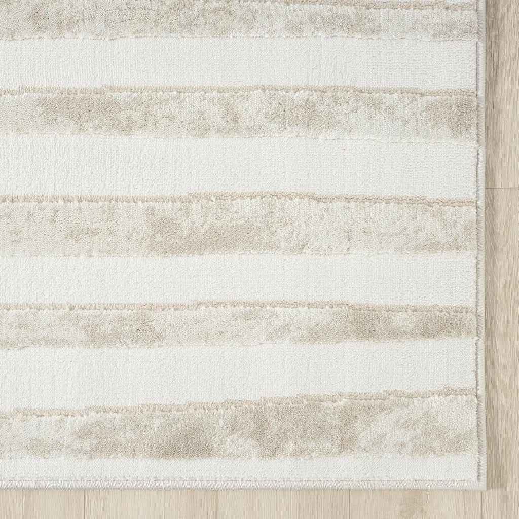 Beige Area Rug - - Living Room & Bedroom - Abstract Stripe Design - Indoor Use - Easy to Clean, Stain