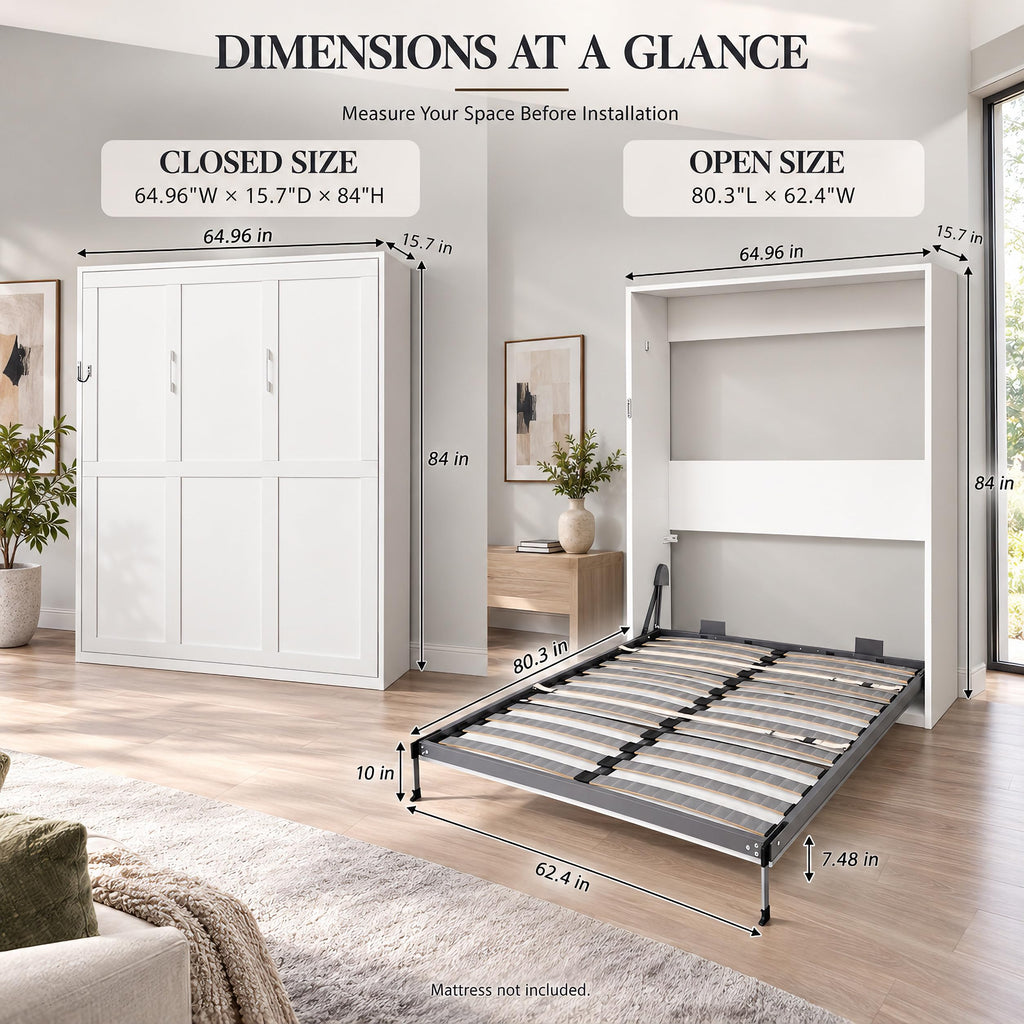 Queen Murphy Bed, White Vertical Folding Wall Bed Cabinet for Small Spaces
