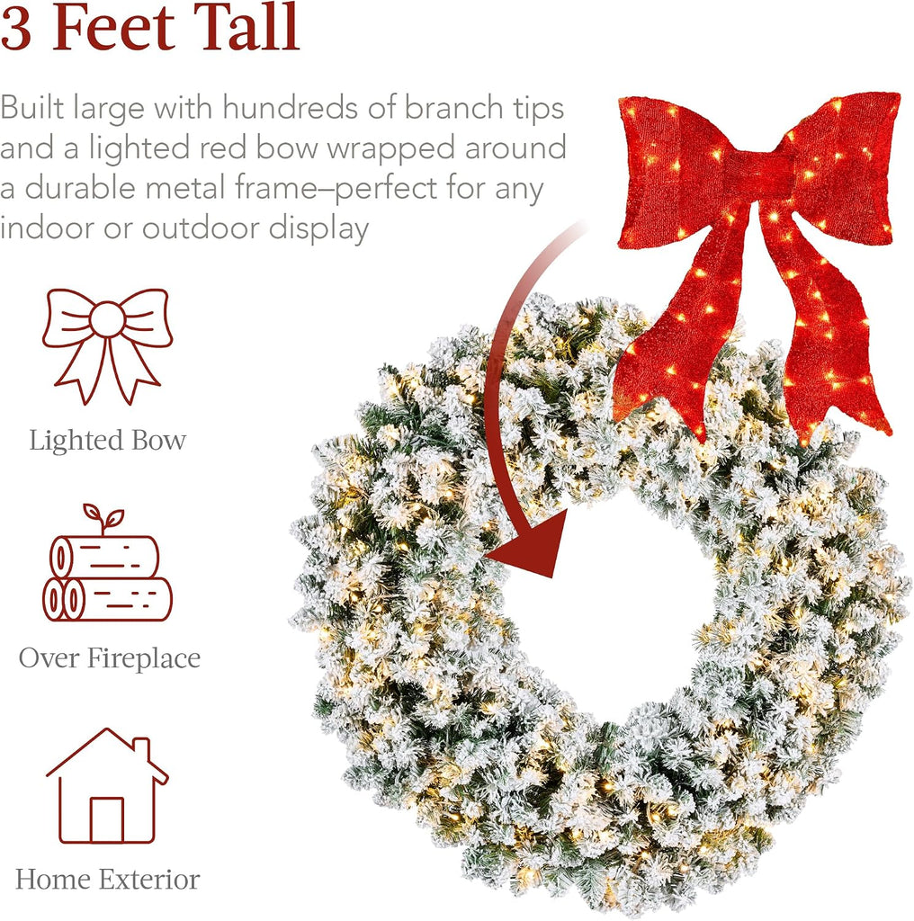 36in Large Flocked Artificial Pre-Lit Fir Christmas Wreath Holiday Accent Decoration for Door, Mantel w/Red Lighted