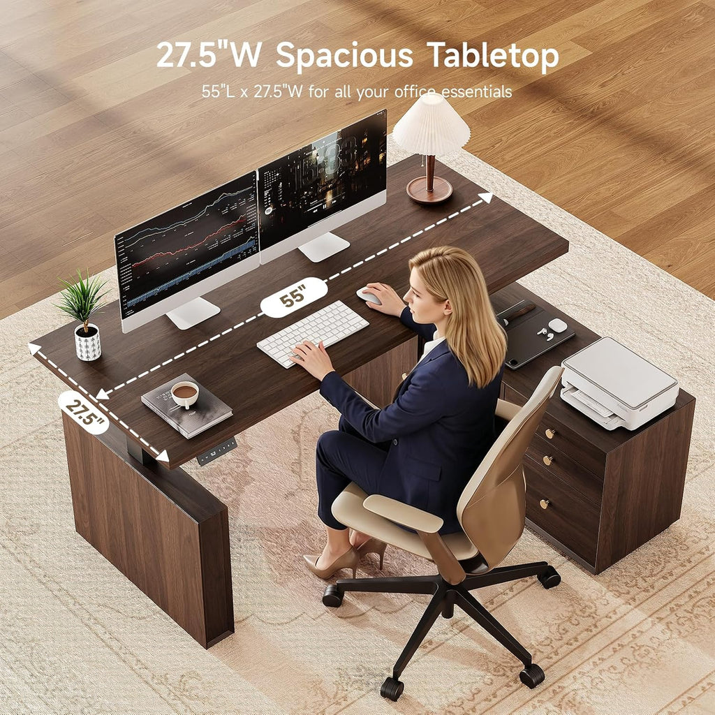 55" L Shaped Standing Desk w/File Cabinet, Sit Up Desk, Walnut | Electric Corner Desk with Drawers & Height
