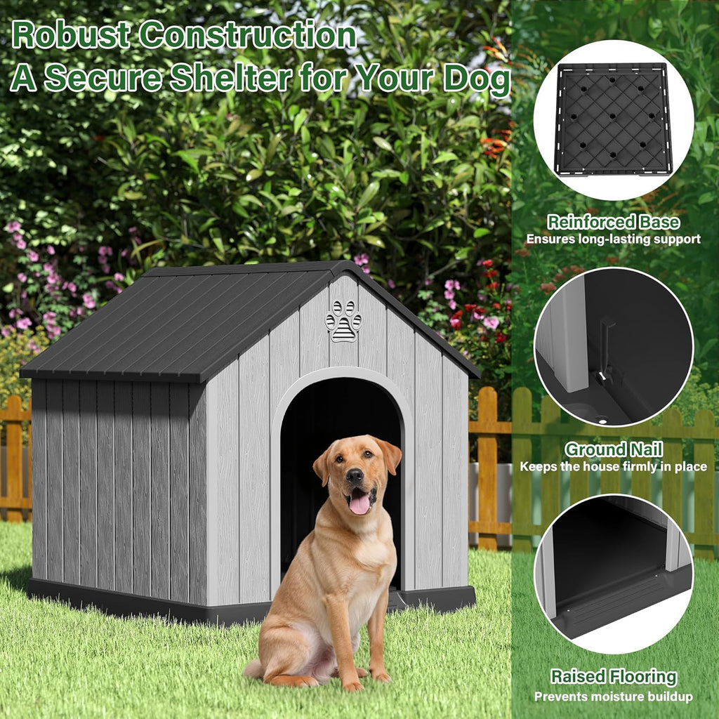 Large Dog House for Outdoor & Indoor, Waterproof Puppy Shelter with Air Vents & Elevated Floor, Easy Assemble Sturdy