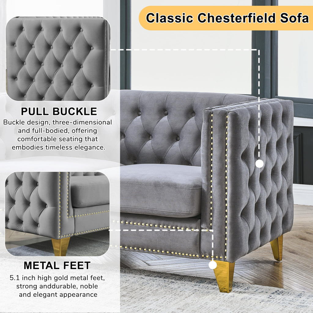 2 Piece Grey 81" 3-Seater Sofa Set, Buttons Tufted and Square Arm, Inlaid Gold Nail Heads and 4 Golden Metal Legs