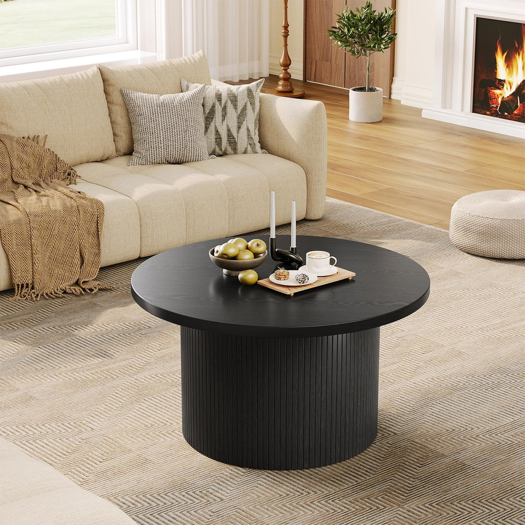 31.5" Round Coffee Table, Mid Century Modern Fluted Drum Table