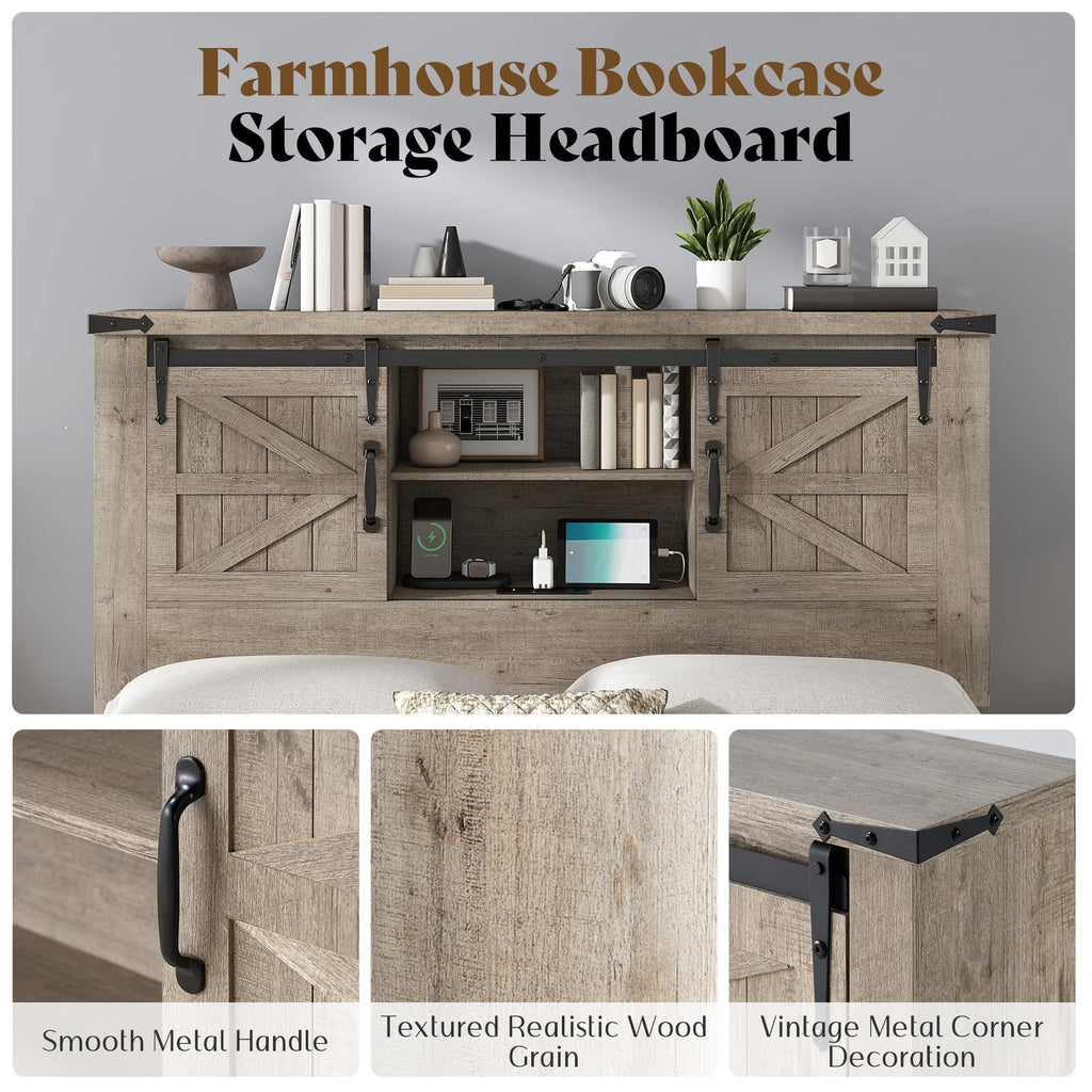 Farmhouse Slat Bed Frame with Storage Headboard