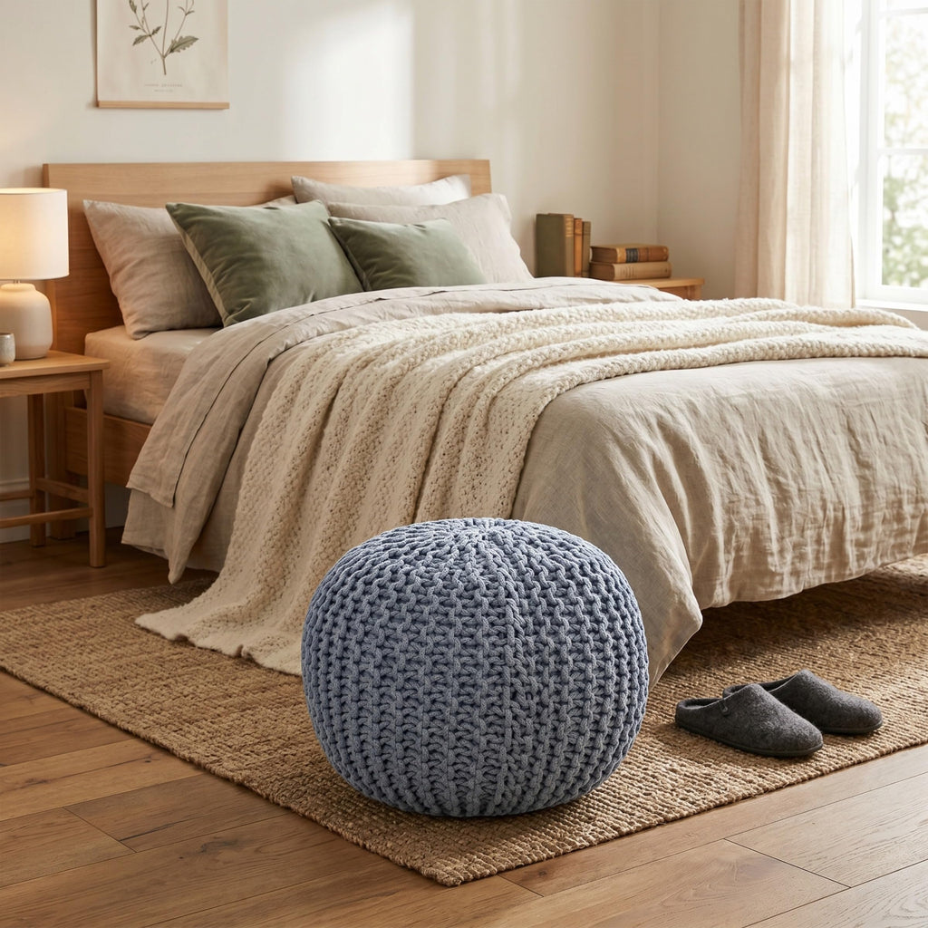 Round Pouf Ottoman Foot Rest, Soft Blue, 18.5"x18.5"x15"
