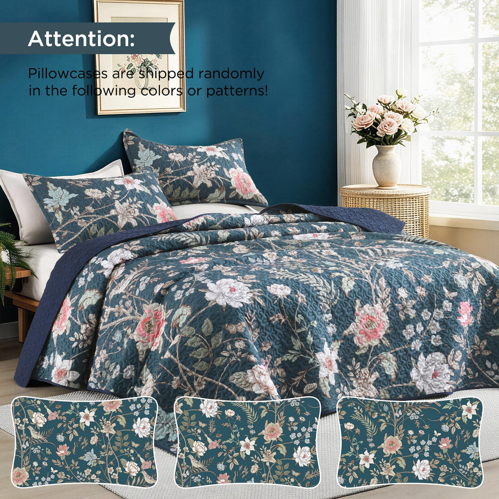 Floral Teal Quilt Oversized King - 3Pcs Botanical Birds Bed Set