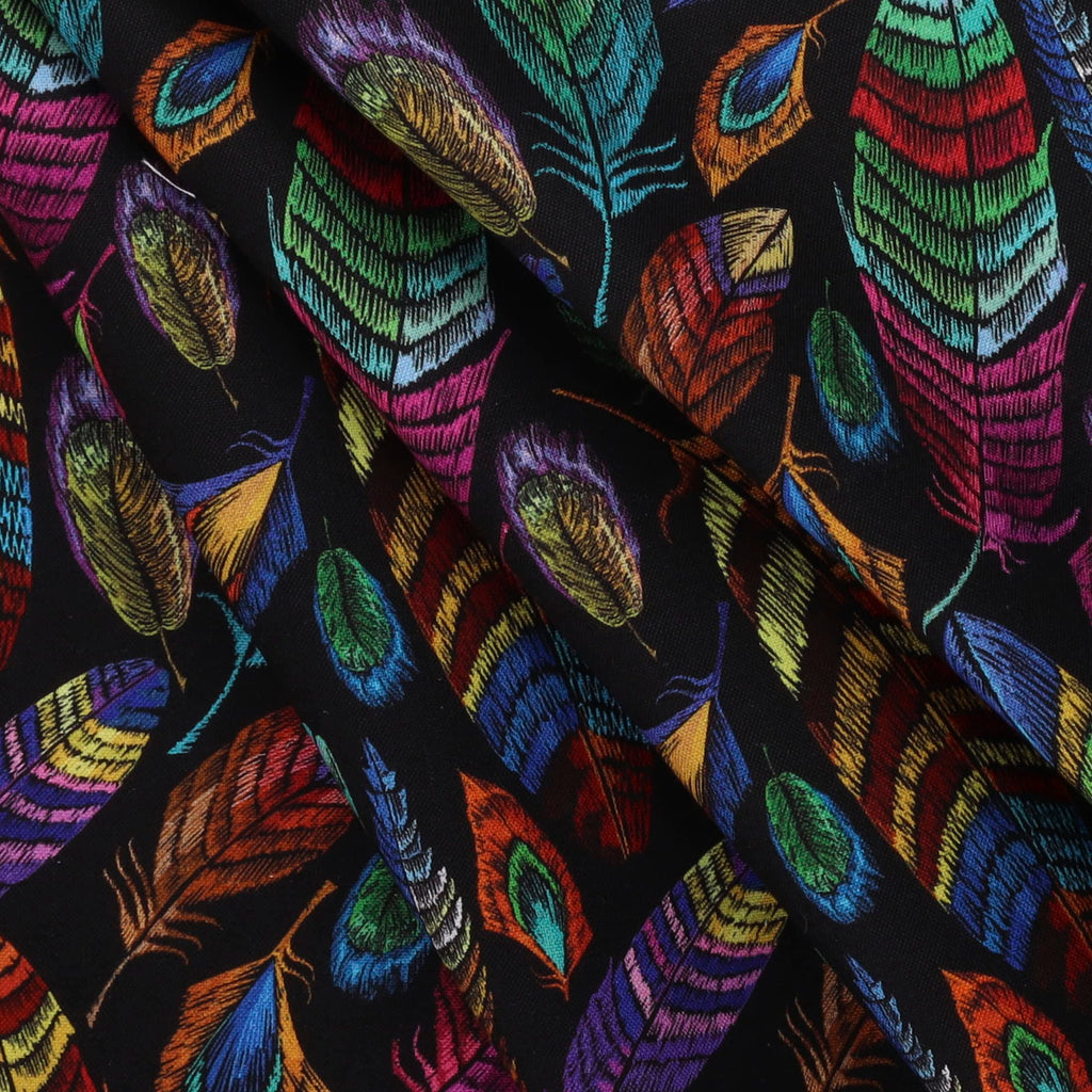 Feathers Cotton Fabric, Black/Multi Cut by The Yard