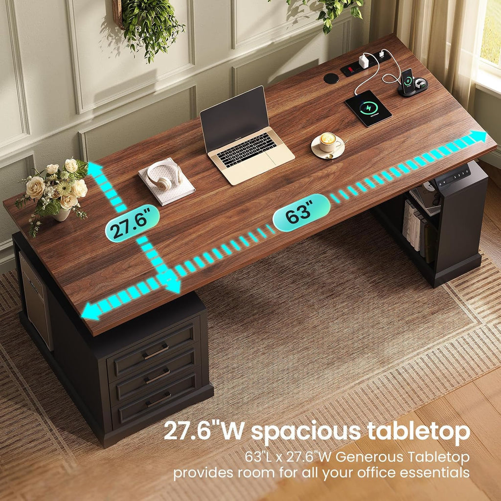 63" Farmhouse Electric Standing Desk with 3 Drawers, Storage Shelves | Height Adjustable Computer Desk with Power