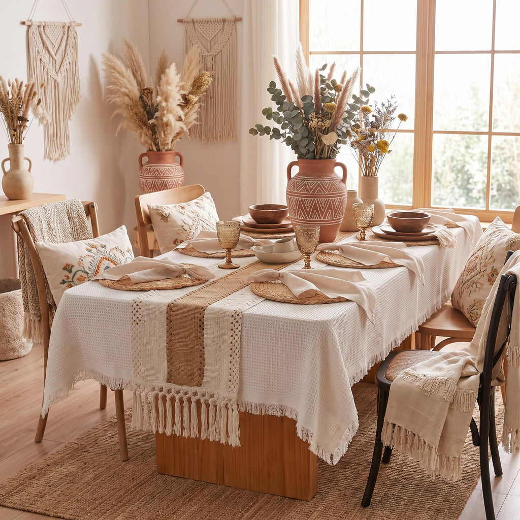 Boho Placemats Set of 8, 18 Pcs Table Set with Runner, Napkins, Tablecloth