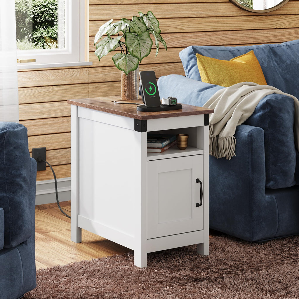 End Table with Charging Station, Narrow Side Table, Farmhouse Night Stand with Storage, Small Wooden Cabinet with