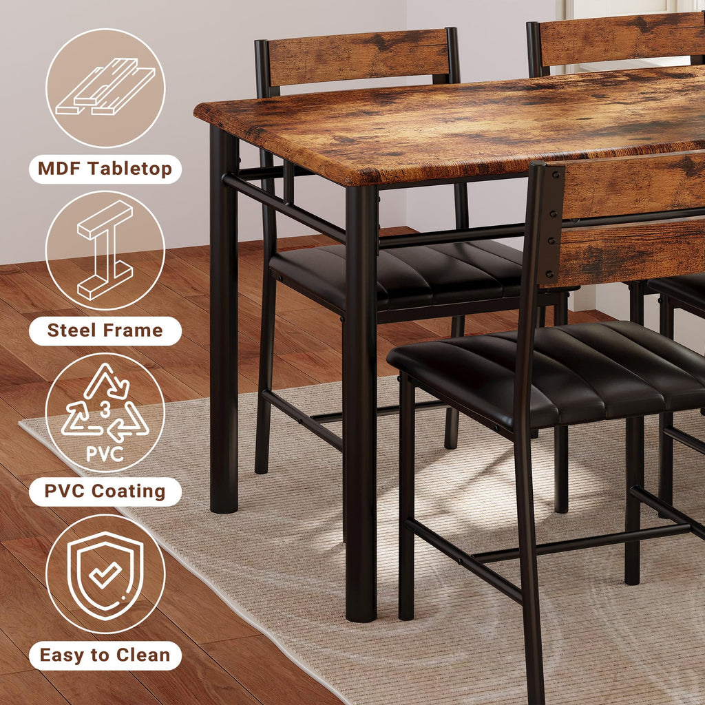Dining Table Set for 4, Rustic Brown