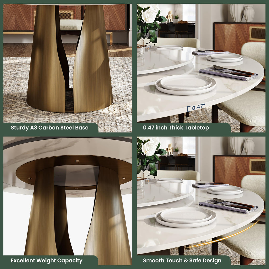 51" Round Dining Table for 4-6, Modern Round Dining Table with 23" Lazy Susan, 51" Glossy White Sintered Stonetop
