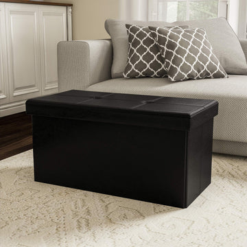 Storage Ottoman - 30-Inch Folding Faux Leather Footrest, Linen Chest, or Bench with Removable Bin by (Black)