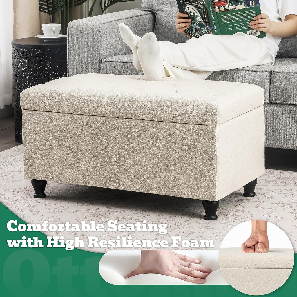 32'' Beige Fabric Upholstered Ottoman Storage Bench | Upholstered Ottoman with Storage , Entrance Foot Rest Stool