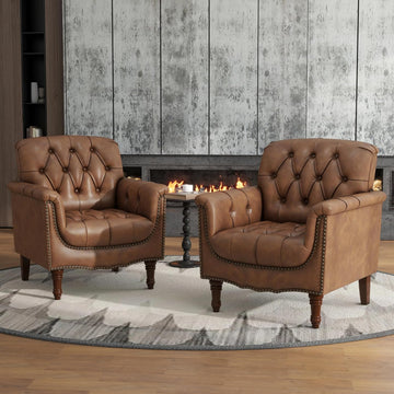 Faux Leather Armchairs, Upholstered Accent Chair, Brown - Set of 2