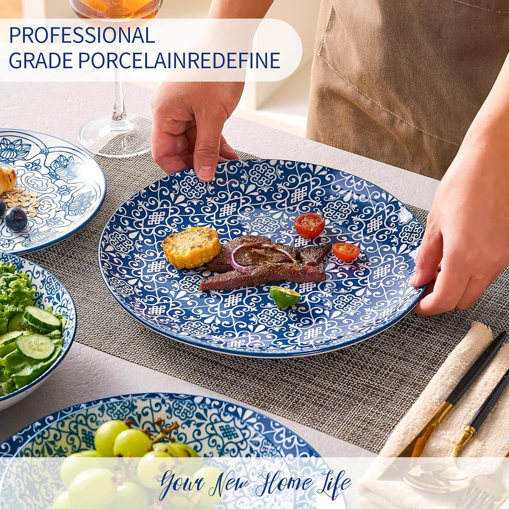 Porcelain Dinnerware Sets Service for 4, 12 pcs Hand drawn Plates and Bowls Sets, Handmade Ceramic Dish Set