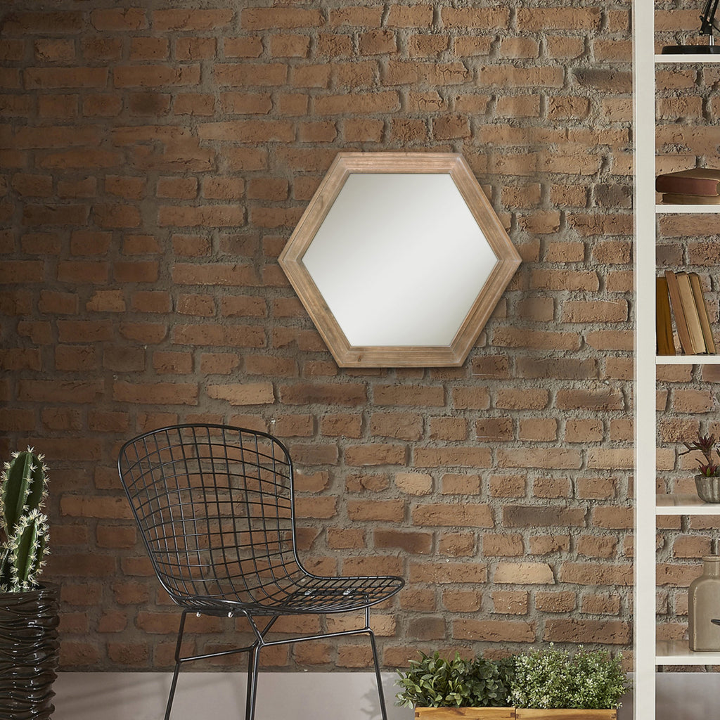 Decorative 24" Hexagon Hanging Wall Mirror with Natural Wood Frame and Attached Hanging Bracket, Rustic Farmhouse