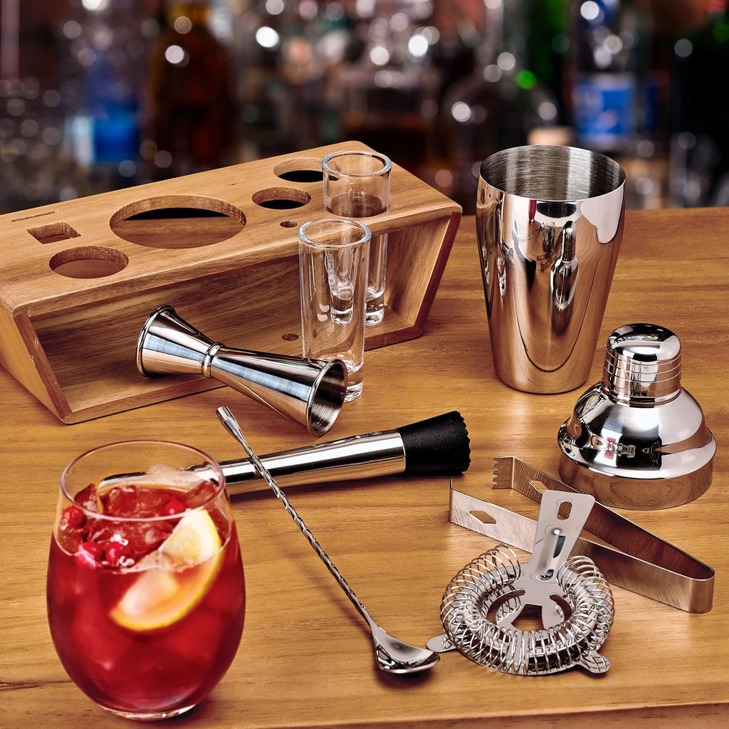 Glenwood Mixology Cocktail Shaker Bartender Stainless Steel with Acacia Wood Stand Bartool Set - Set of 8