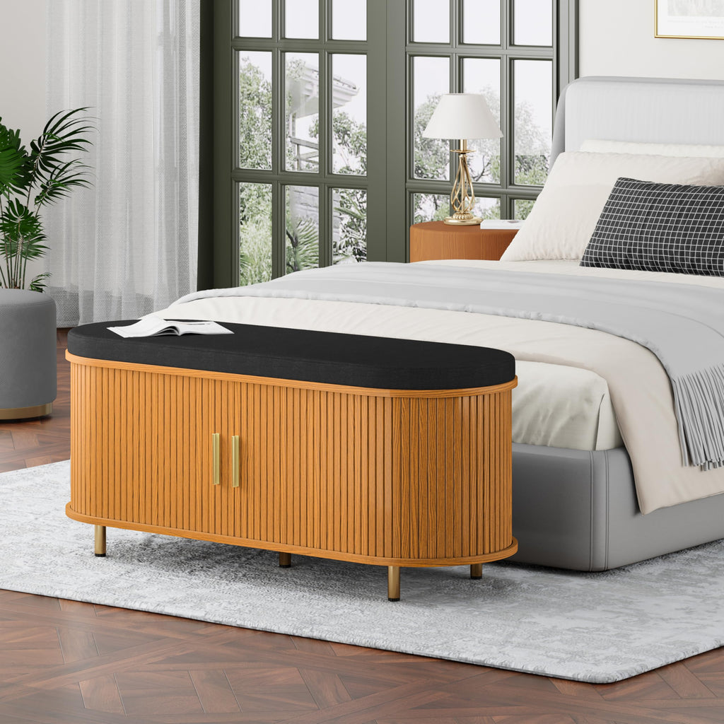 2-Tier Storage Bench, Wide Shoe Bench with Thickened Padded Seat Cushion, Mid Century Modern Fluted Sliding Door and