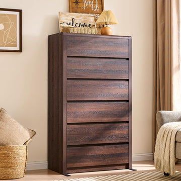 Modern 6 Drawers Dresser, 55.6" Tall Walnut Dressers & Chest of Drawer, Wooden Dresser, Front Curved & Handleless