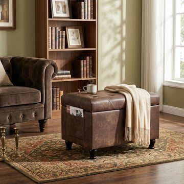 24" Brown Ottoman with Storage, Faux Leather Footrest