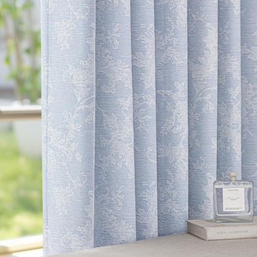 Blue Floral Jacquard Blackout Curtains 96 Inches Long, Scroll Flower Chenille Farmhouse Curtains for Living Room