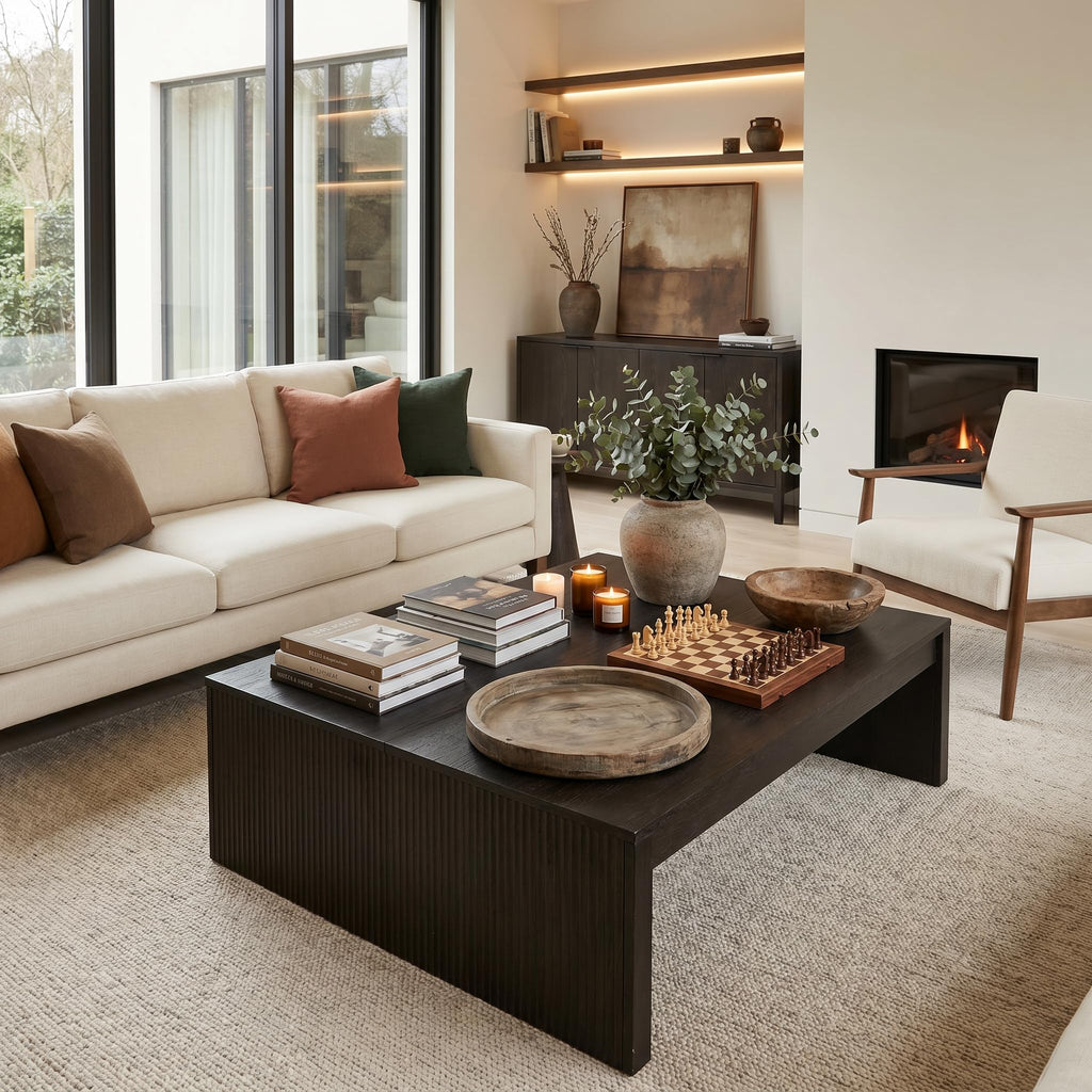 39.4" Square Fluted Coffee Table, Mid-Century Modern Black Center Table, Architectural Wood Cocktail Tea Tables