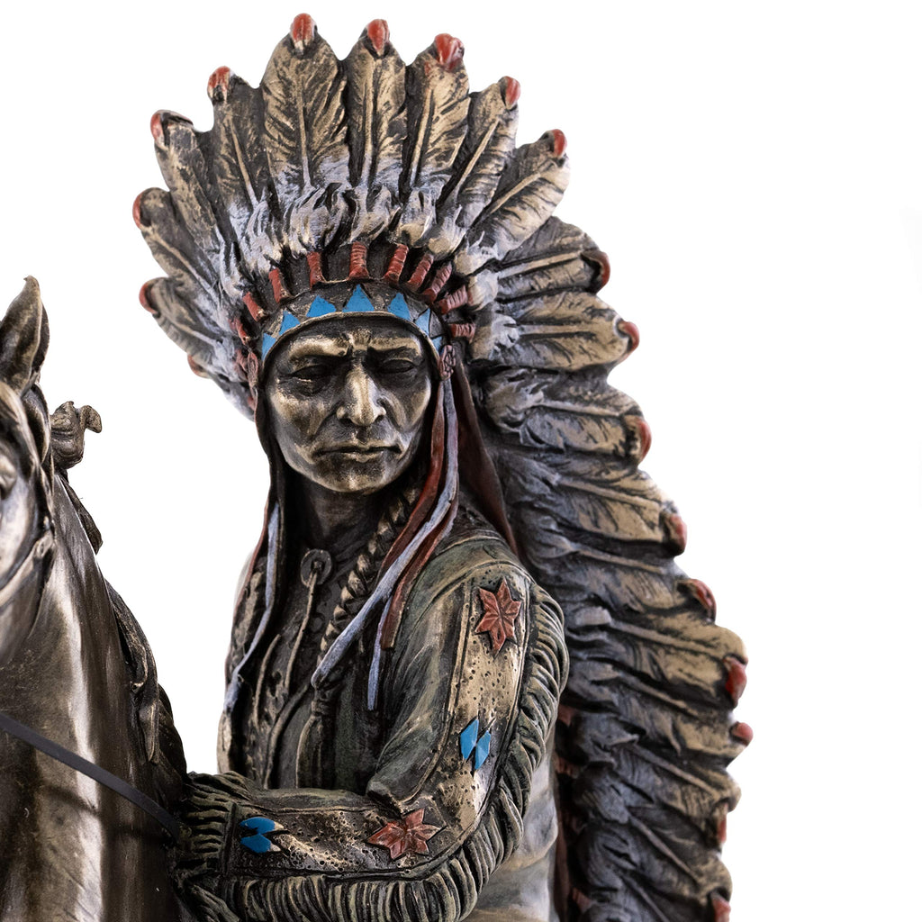 Chief Sitting Bull on Horseback Statue - Native American Sculpture with Beautiful Headdress in Premium Cold Cast