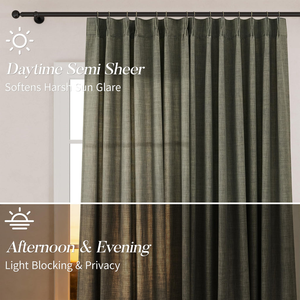 Pinch Pleated Linen Curtains Extra Long 132 Inches Green Drapes for 11 FT High Ceiling to Floor, Light Filtering