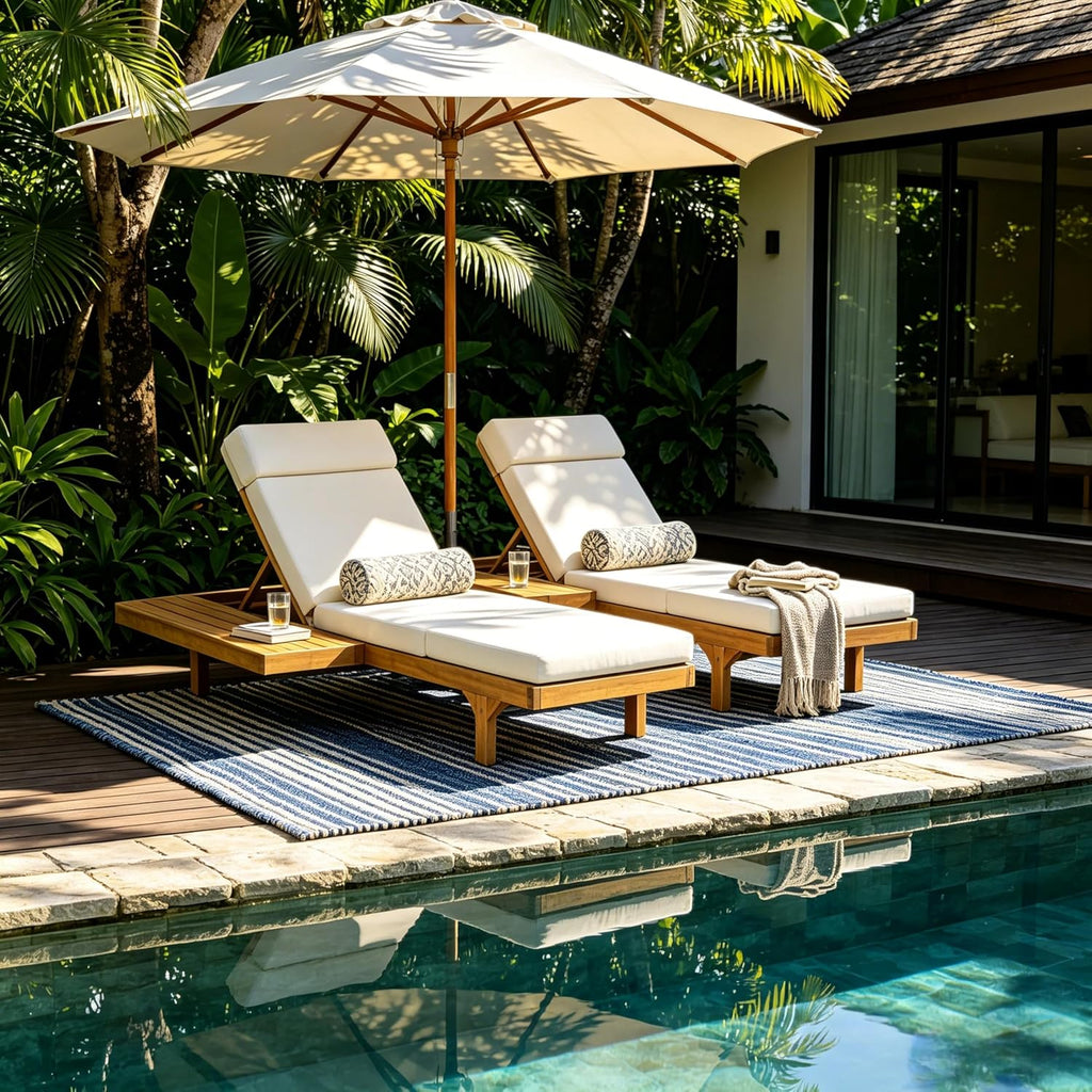 Acacia Wood Chaise Lounge Chair Set of 2, Double/Single Outdoor Sunbathing Pool Lounger with 4'' Four-Folds Cushion