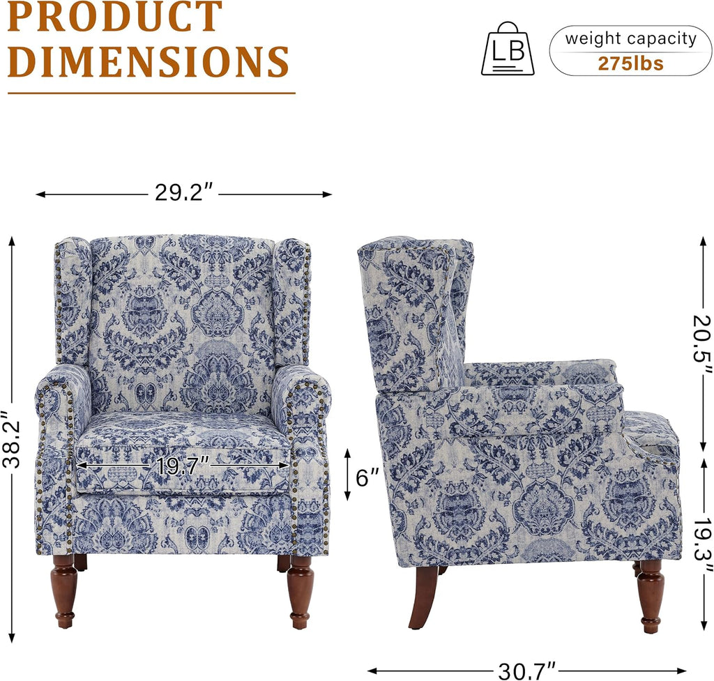 Wingback Accent Chairs Set of 2, High Back Armchair , Navy | Ergonomic Design | Linen Fabric | High-Resilient Foam
