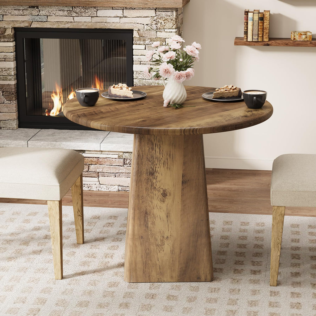 31.5-Inch Round Dining Room Table for 2-4, Farmhouse Small Kitchen Dinner Table with Square Base Living Room, Rustic