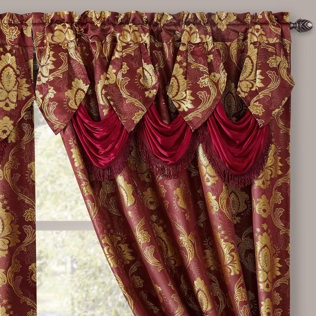 Burgundy Paisley Jacquard Curtains, Victorian Luxury Window Curtains 2 Panels Set with Attached Valance and Sheer