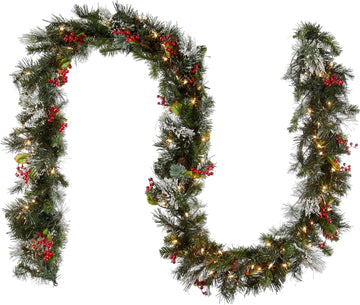 Tree Company 9ft Pre-Lit Wintry Pine Flocked Christmas Garland | 100 Clear Lights, 184 Tips, Artificial Christmas
